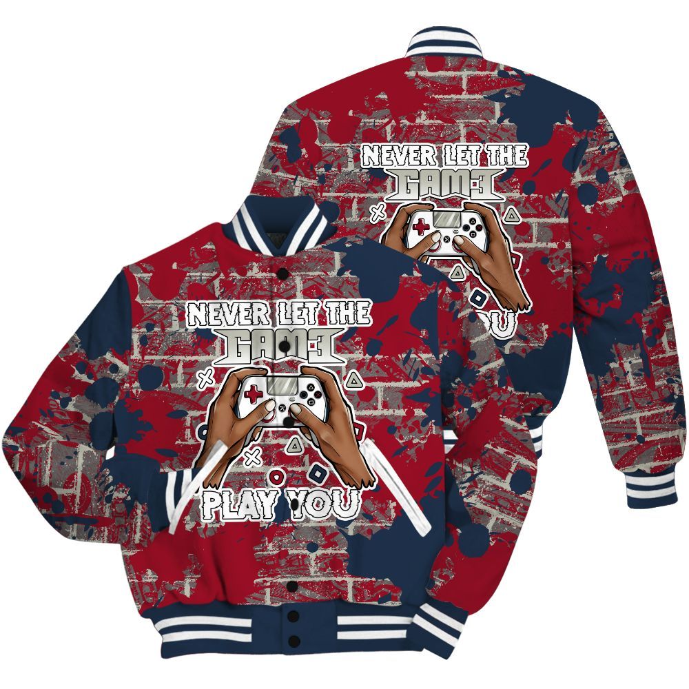 Varsity Jacket To Match White Midnight Navy 6s Shirt - PlayGame Human Brick All Over Print