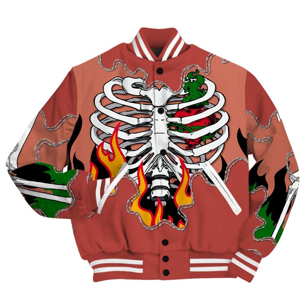 Varsity Jacket To Match Dune Red 13s Shirt, Skeleton Heart On Fire All Over Print