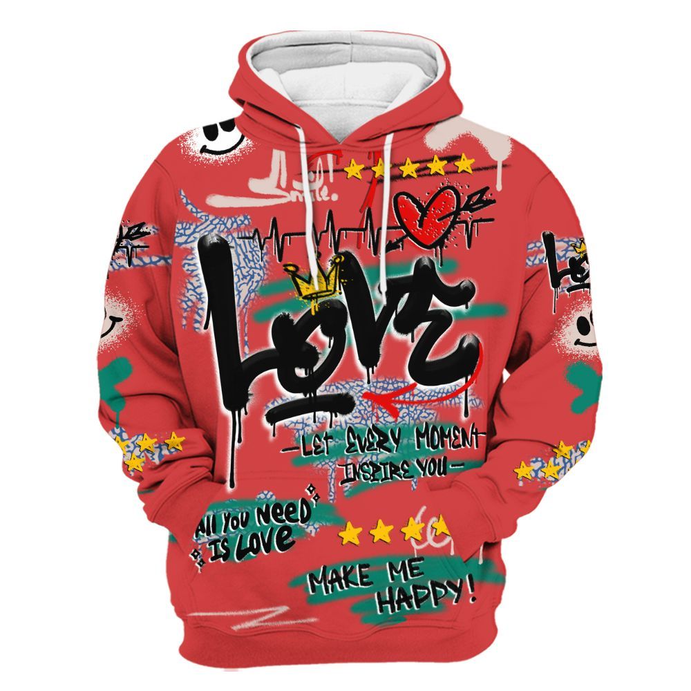 Hoodie To Match Retro Chalk & Track Red 3s - Happy Love Beats Graffiti Streetwear All Over Print