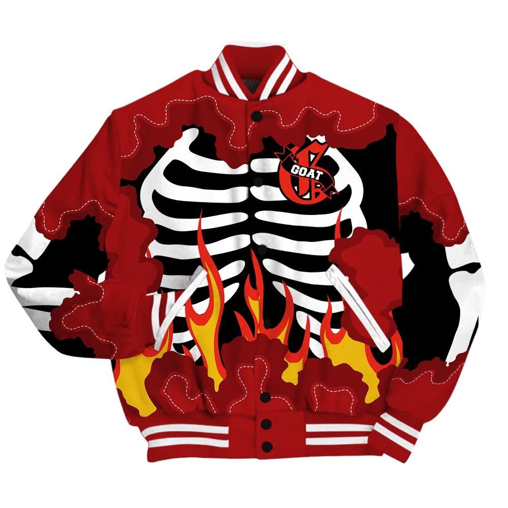 Varsity Jacket To Match Red Taxi 12s - G.O.A.T 23 Skeleton Flame Baseball Varsity Jacket Red Taxi 12s Outfit