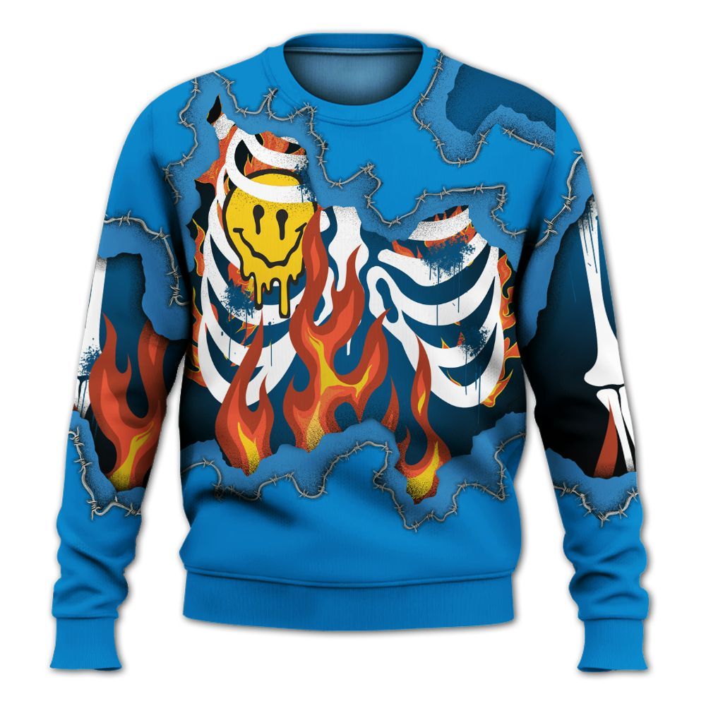 Sweatshirt To Match Industrial Blue 4s - Skeleton On Fire Skrrt Military Blue 4s All Over Print