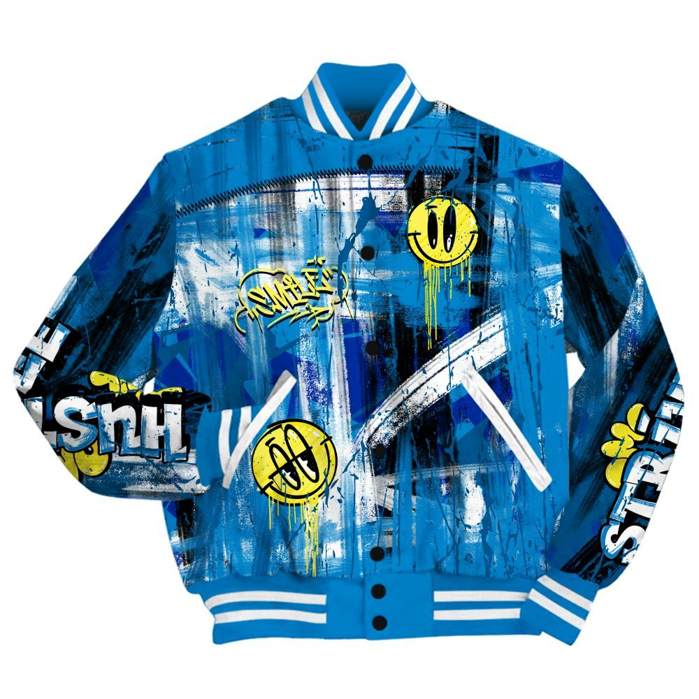 Varsity Jacket To Match Industrial Blue 4s - Money Skull Smile Fire Military Blue 4s All Over Print