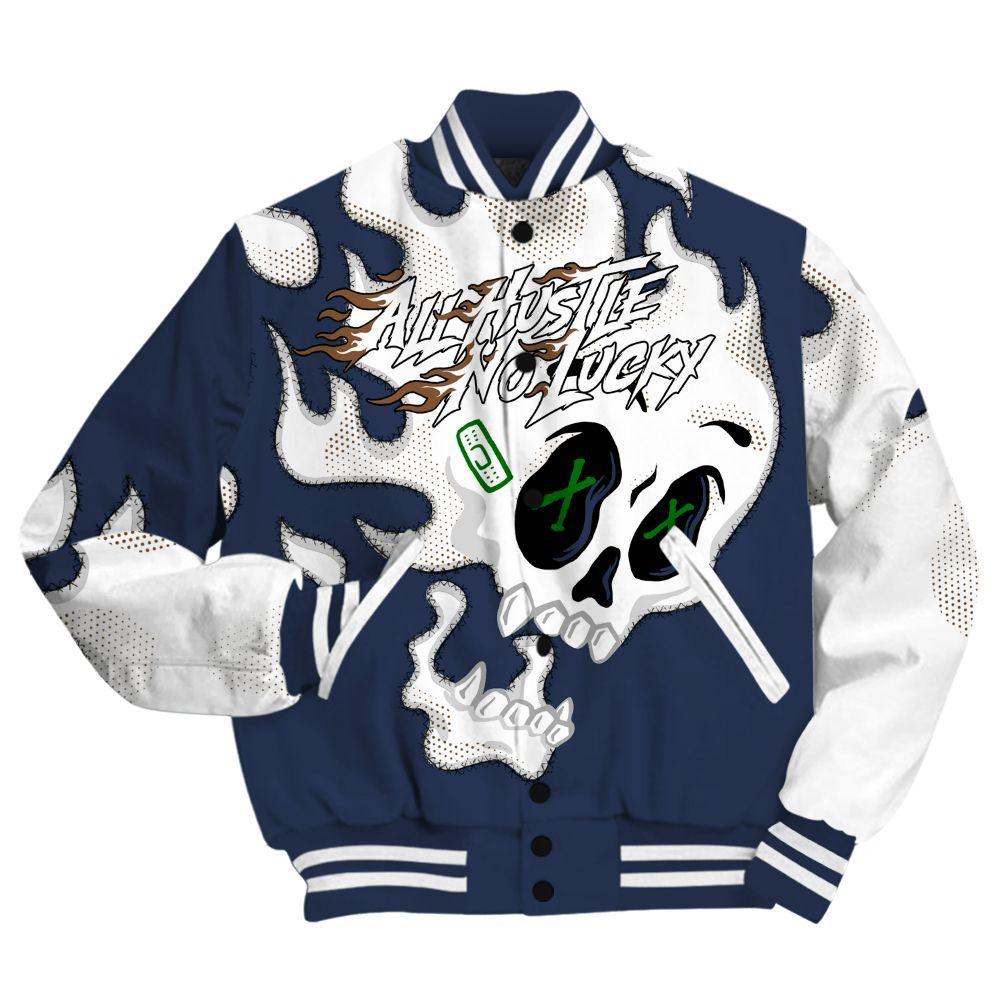 Varsity Jacket To Match Midnight Navy 13s Shirt, All Hustle No Lucky Skull All Over Print