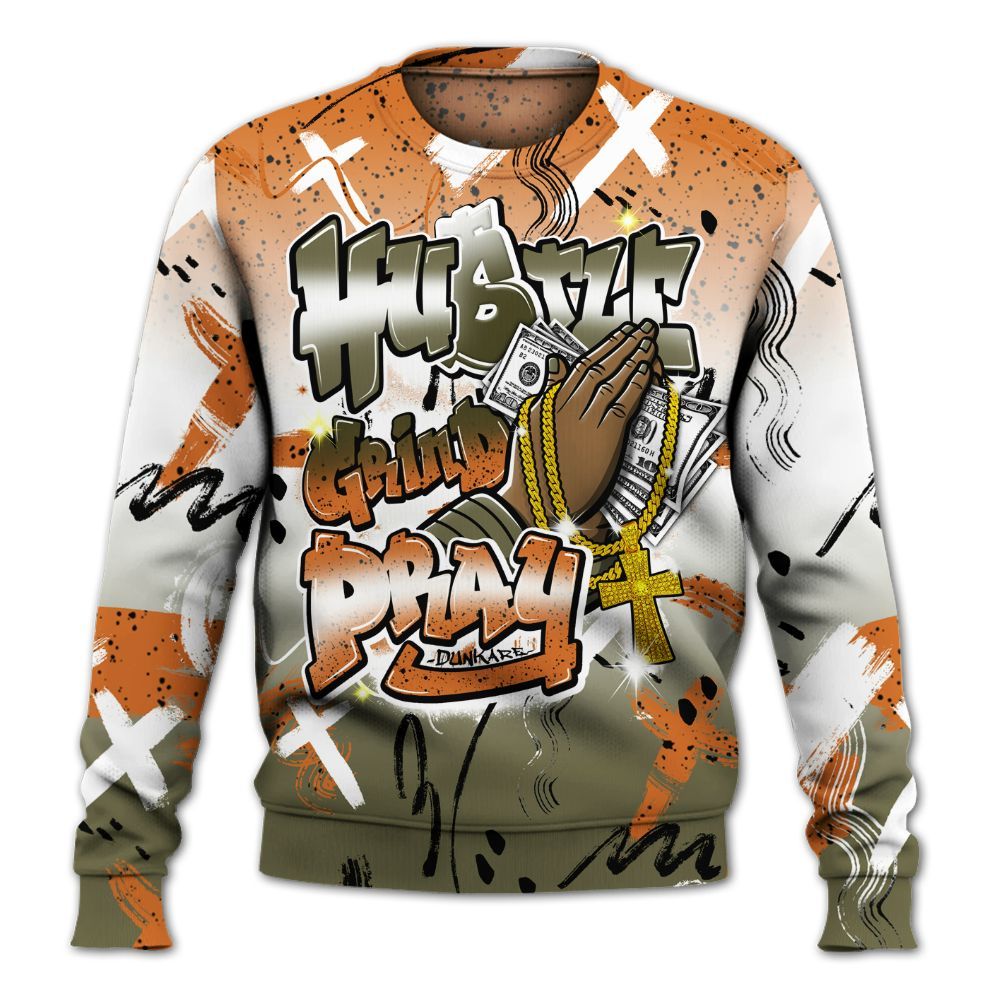 Sweatshirt To Match Olive 5s - Money Hustle Grind Pray All Over Print