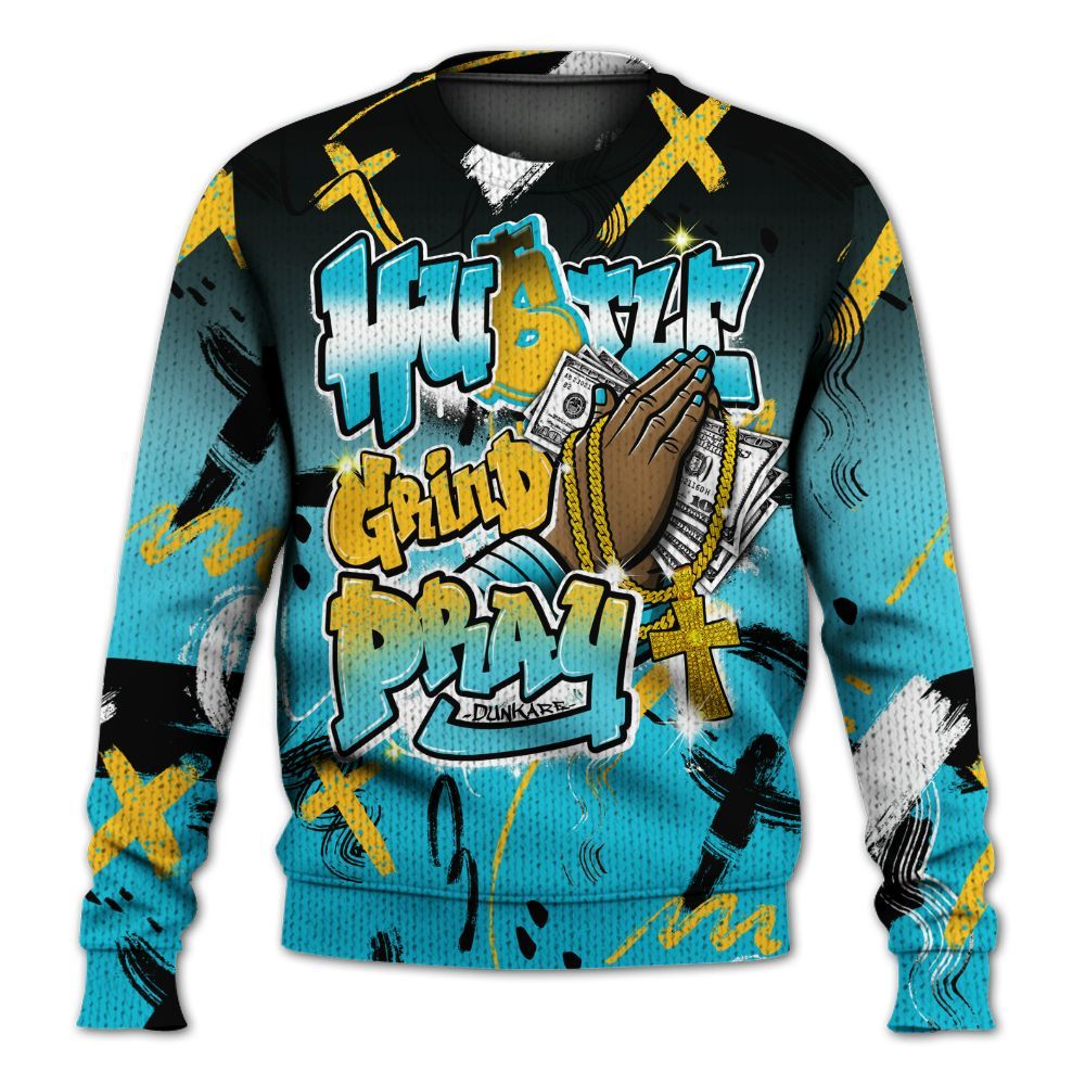 Knitted Sweater To Match Retro Aqua 5s - Money Hustle Grind Pray