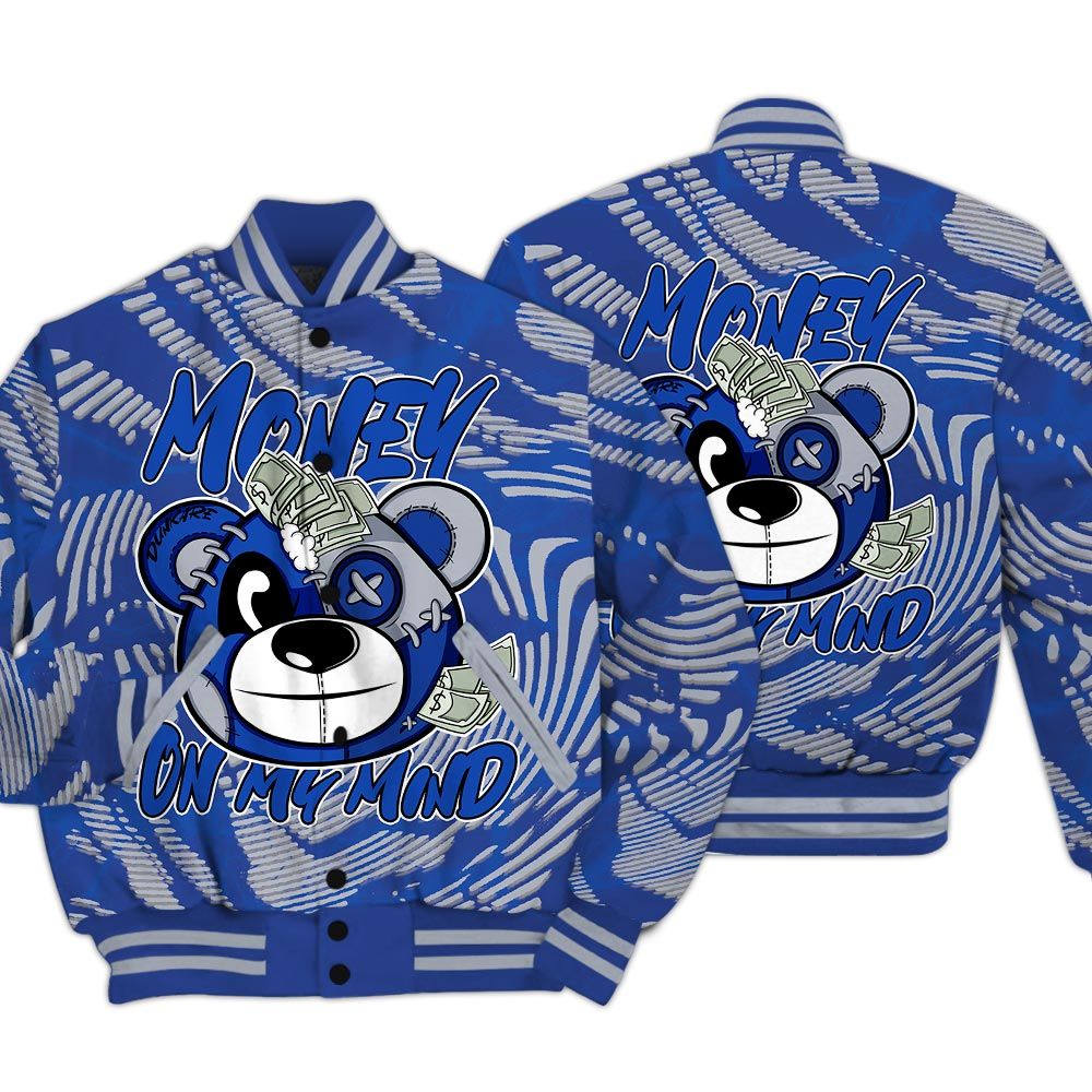 Varsity Jacket To Match Air Foamposite One Royal - Money On My Mind Bear Fume Varsity Jacket Unisex