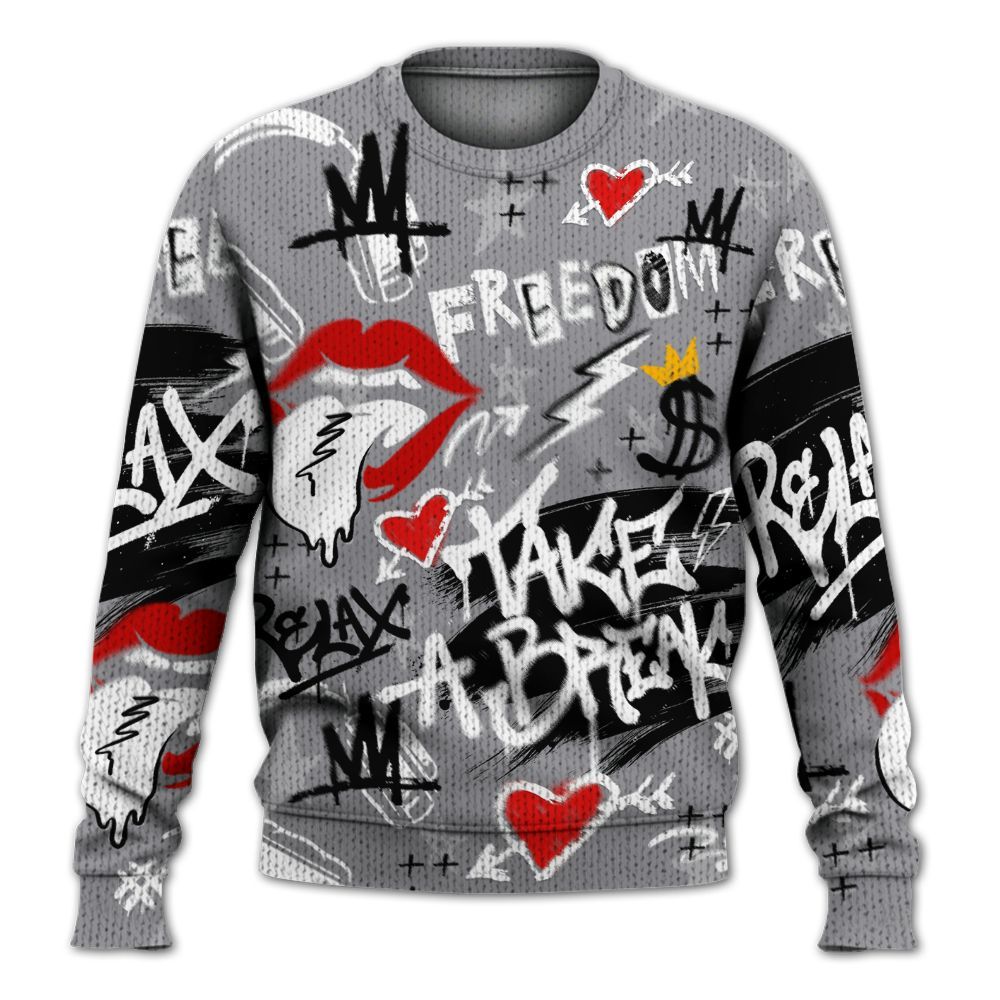 Knitted Sweater To Match Cement Grey 11s - Take Break Freedom Graffiti Streetwear