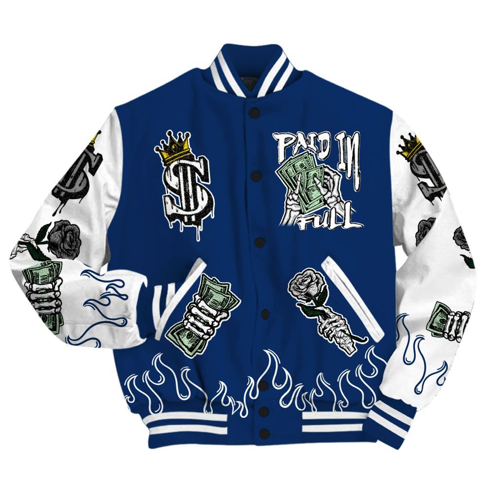 Varsity Jacket To Match High OG Deep Royal Blue 1s - Fire Everybody Paid In All Over Print