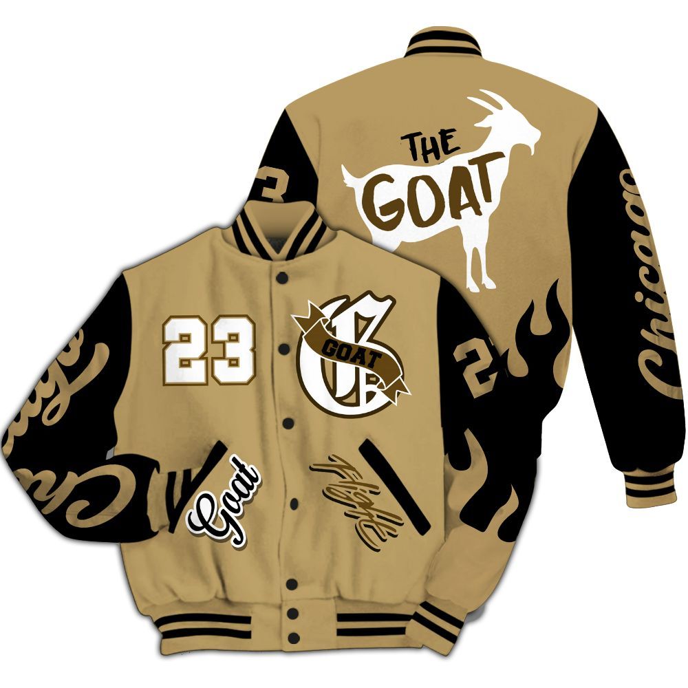 Varsity Jacket To Match High OG Black Metallic Gold 1s - The G.O.A.T Flight Streetwear All Over Print