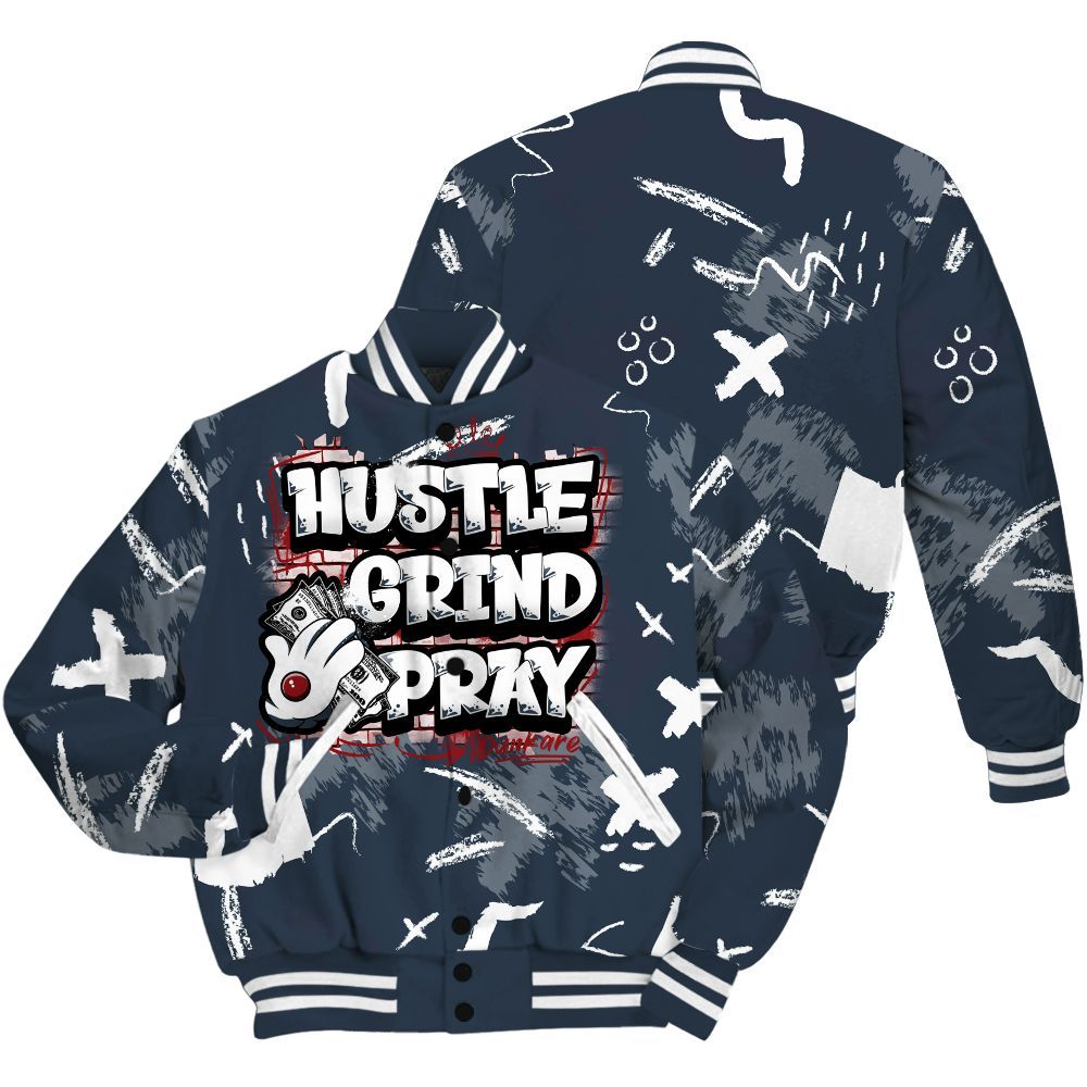 Varsity Jacket To Match Navy Blue 2024 6s - Hustle Grind Pray Retro All Over Print