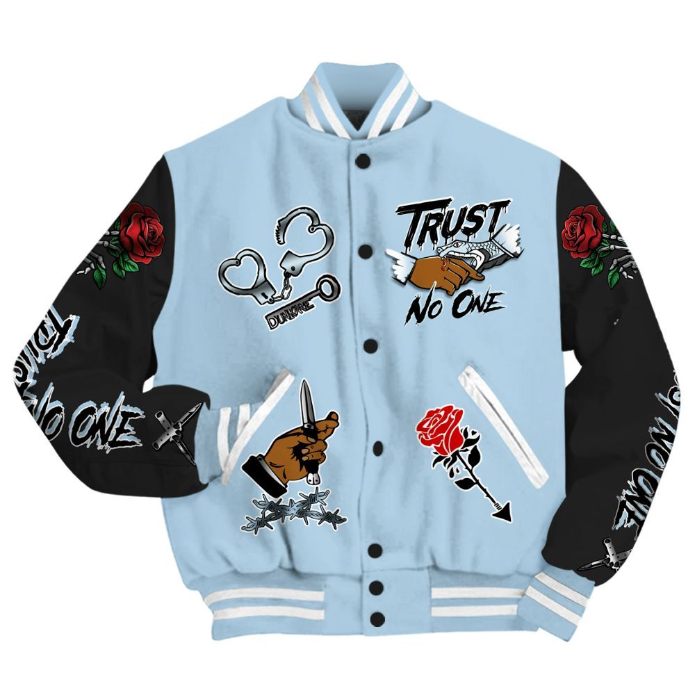 Varsity Jacket To Match Foamposite One Psychic Blue - Trust No One Dripping All Over Print