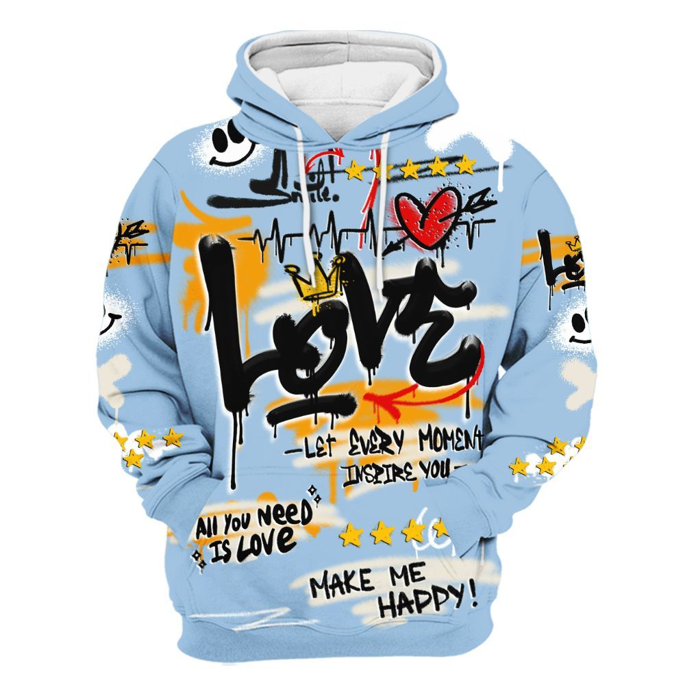 Hoodie To Match Retro High OG Pale Ivory Psychic Blue 1s - Happy Love Beats Graffiti Streetwear All Over Print
