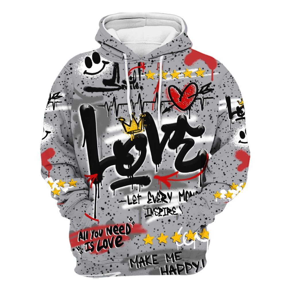 Hoodie To Match White Cement 4s - Happy Love Beats Graffiti Streetwear All Over Print