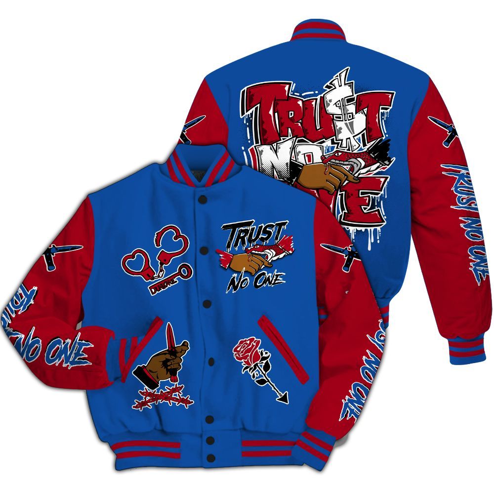 Varsity Jacket To Match Air Griffey Max Black Red Navy Blue 1s - Trust No One Dripping All Over Print