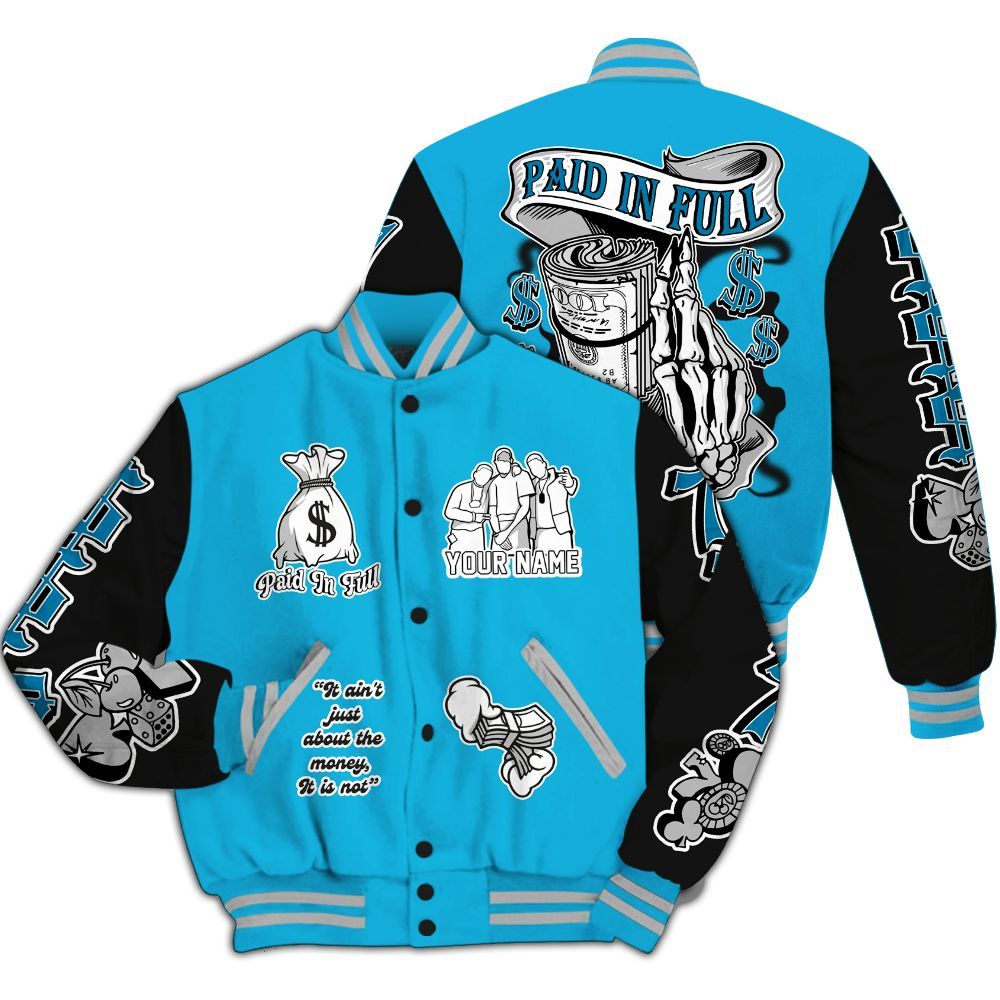 Varsity Jacket To Match Black University Blue 2026 14s - Paid In Full Baseball Varsity Jacket Custom Name All Over Print