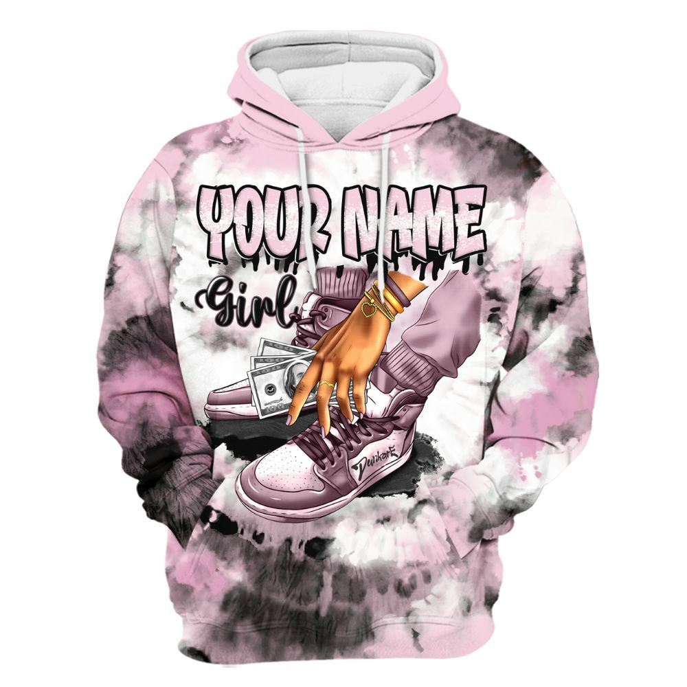 Hoodie To Match Orchid 4s Varsity Jacket, Custom Name SNEAKER Girl Money Drip Tie Dye All Over Print
