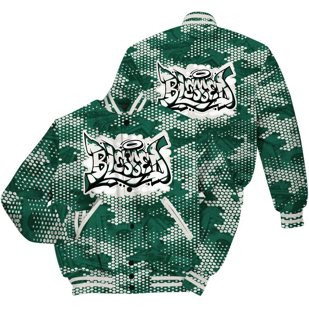 Varsity Jacket To Match Oxidized Green 4s Shirt - Blessing Graphic Banknotes All Over Print