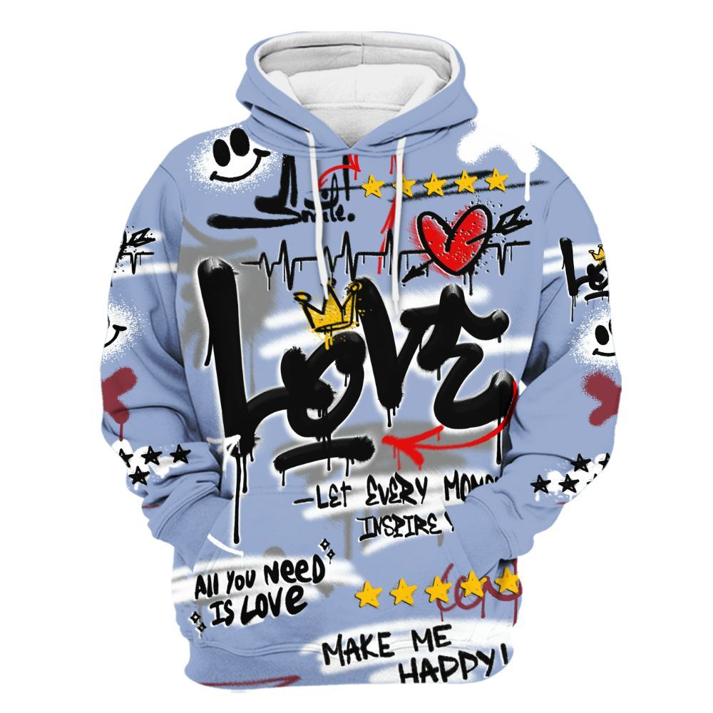 Hoodie To Match Black Metallic 5s - Happy Love Beats Graffiti Streetwear All Over Print