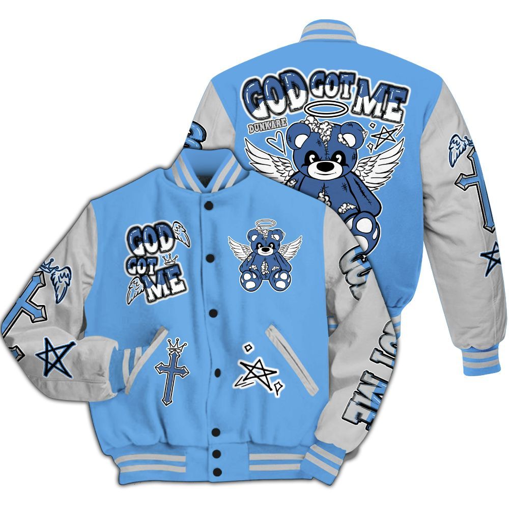 Varsity Jacket To Match University Blue 6s - Gods Guides Me Bear All Over Print