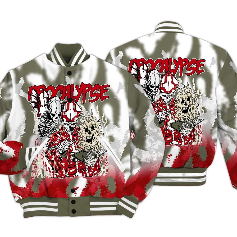 Varsity Jacket To Match Low OG Medium Olive 1s - Apocalypse Skeleton Burn Varsity Jacket Unisex