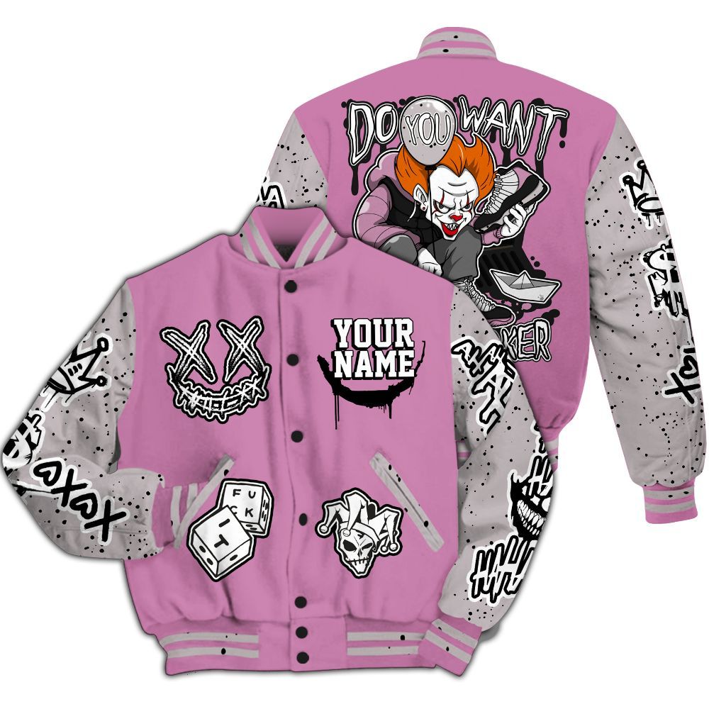 Varsity Jacket To Match Neutral Grey Black White Orchid 4s - Clown Scary Sneakers Graphic Custom Name All Over Print