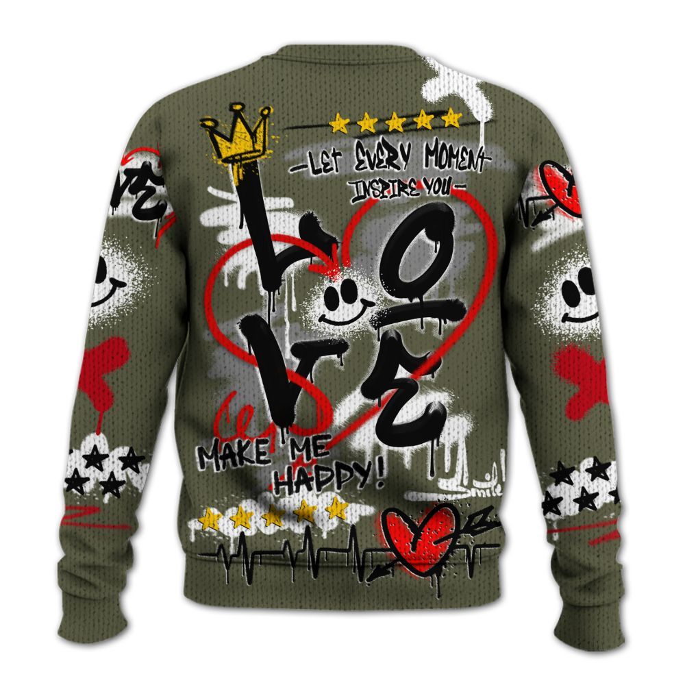 Knitted Sweater To Match Low OG Medium Olive 1s - Happy Love Beats Graffiti Streetwear