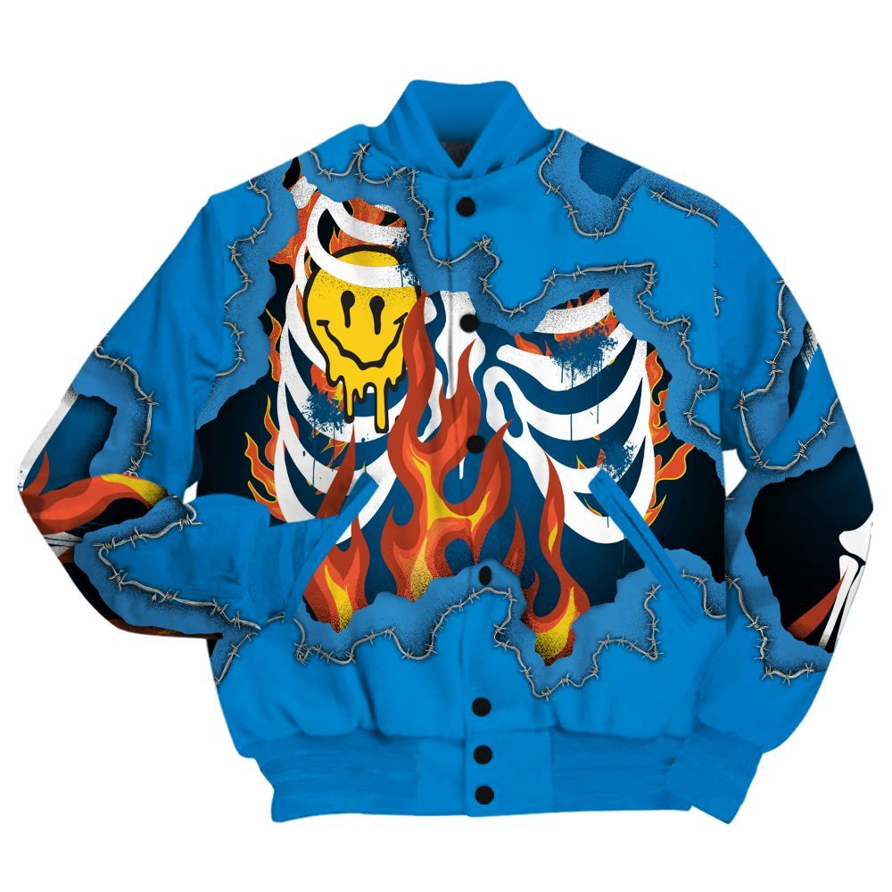 Varsity Jacket To Match Industrial Blue 4s Shirt, Skeleton On Fire Skrrt Military Blue 4s All Over Print