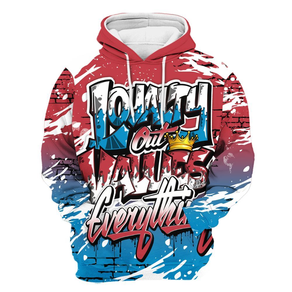 Hoodie To Match High OG University Red Dark Powder Blue 1s - Values Of Loyalty Drip All Over Print