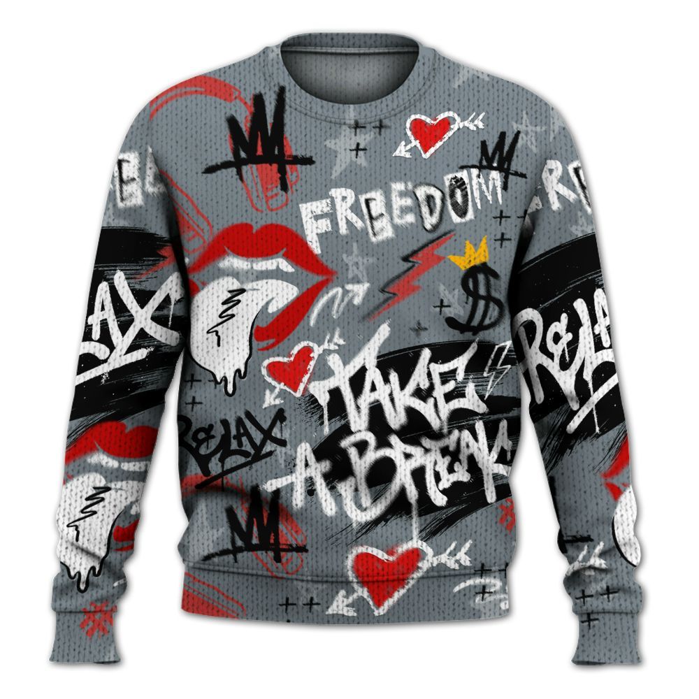 Knitted Sweater To Match Wolf Grey 13s - Take Break Freedom Graffiti Streetwear