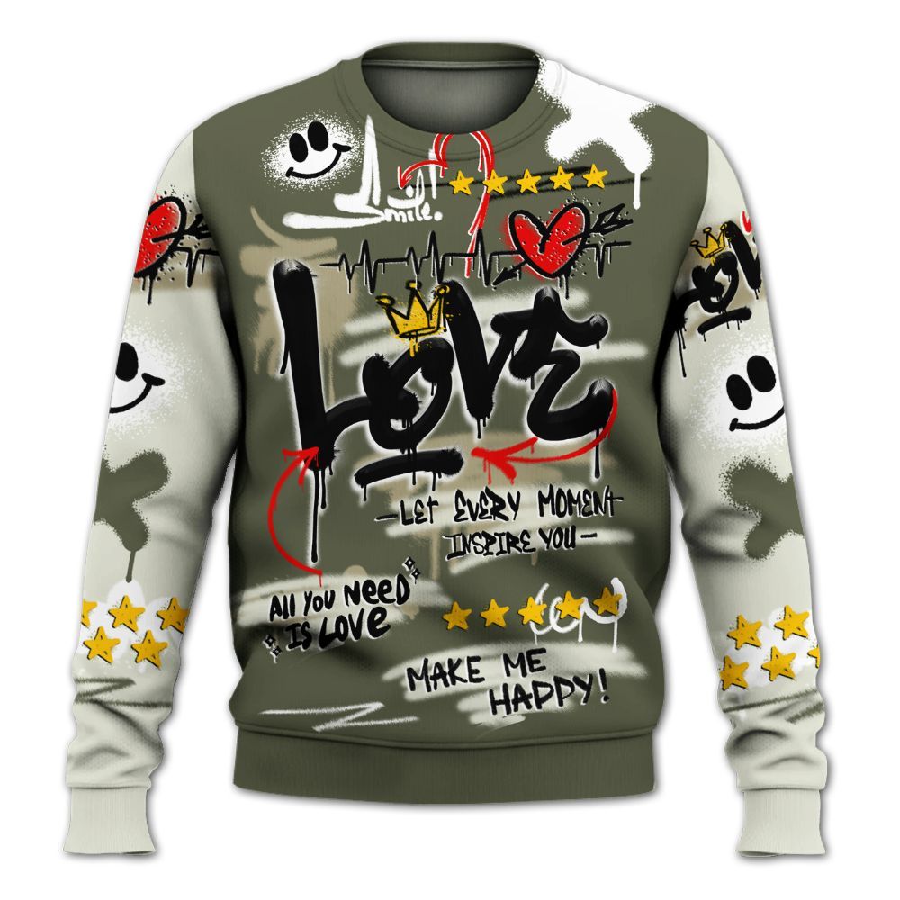 Sweatshirt To Match Low OG Medium Olive 1s - Happy Love Beats Graffiti Streetwear All Over Print
