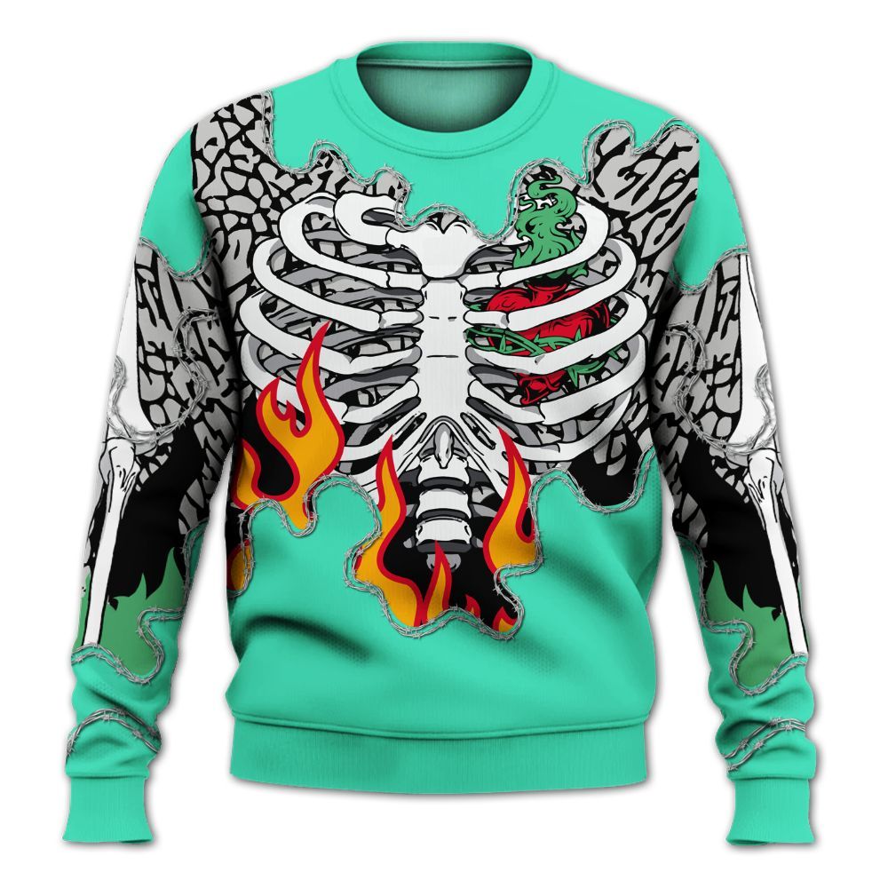 Sweatshirt To Match Black Green Glow 3s - Skeleton Heart On Fire Green Glow 3s All Over Print