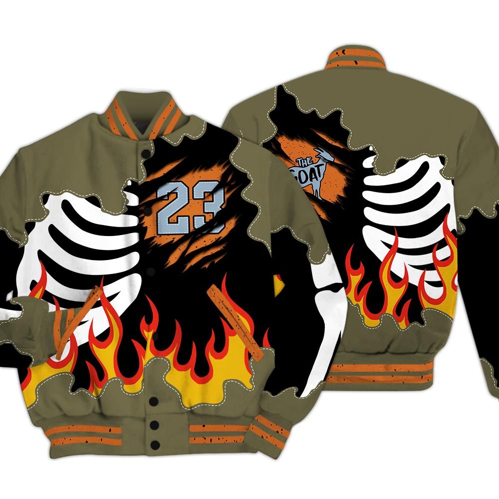 Varsity Jacket To Match Olive 5s - Burning Skeleton 23 G.O.A.T Baseball Varsity Jacket Outfit