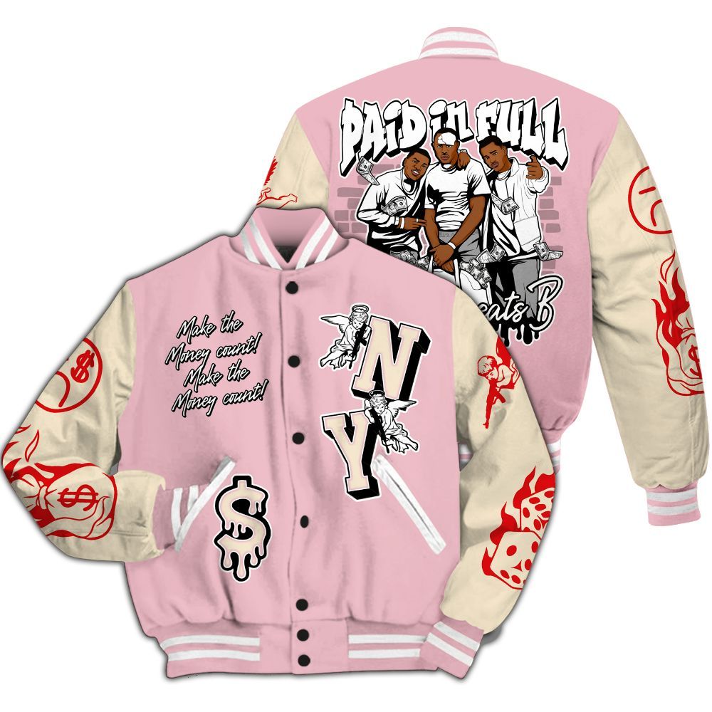 Varsity Jacket To Match Low OG Shy Pink 1s - Paid In Full Money Graphic Varsity Jacket All Over Print