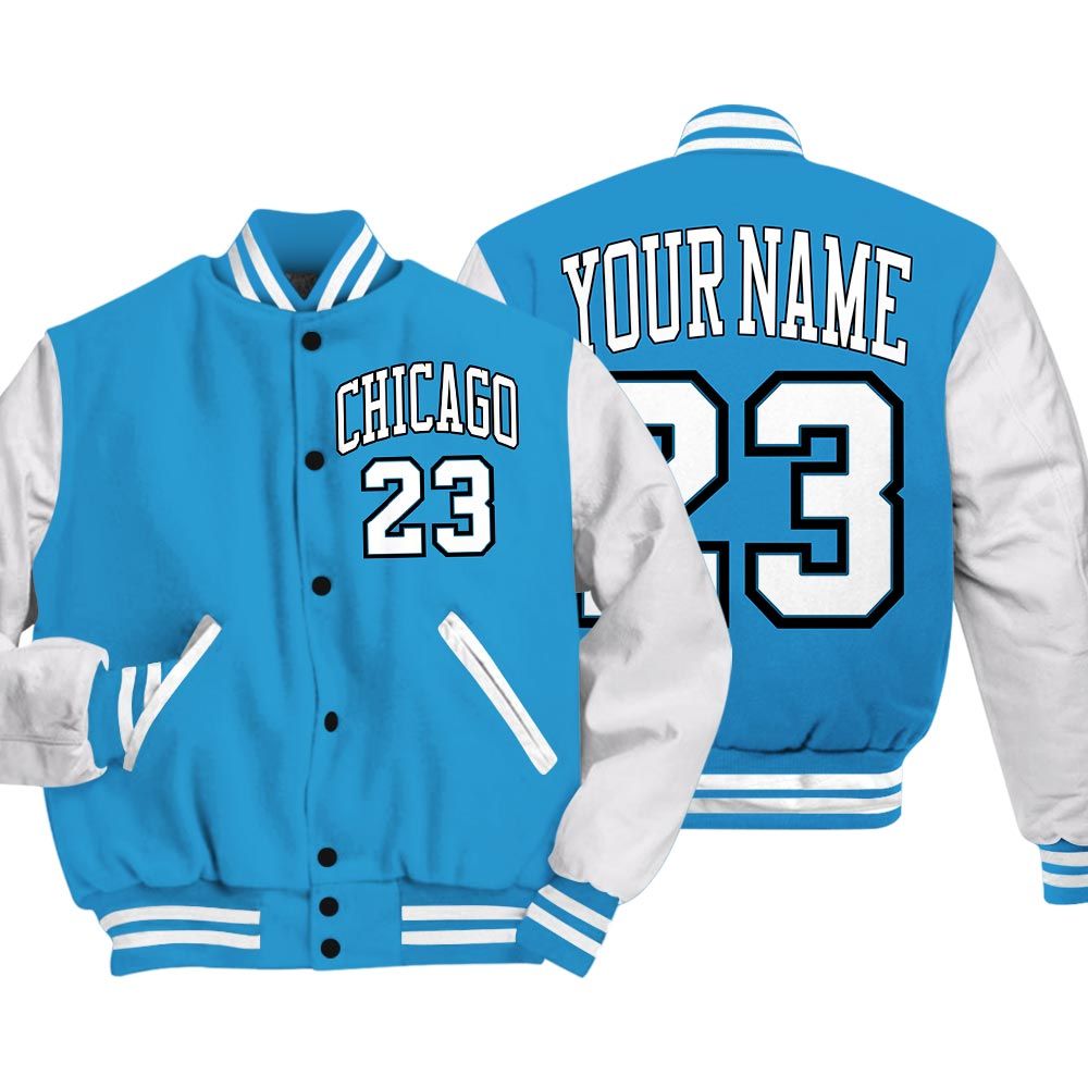 Varsity Jacket To Match Varsity Streetwear Custom Name Chicago 23, Powder Blue 9s T-Shirt, Sneaker Powder Blue 9s Baseball Varsity Jacket 1604 NCT
