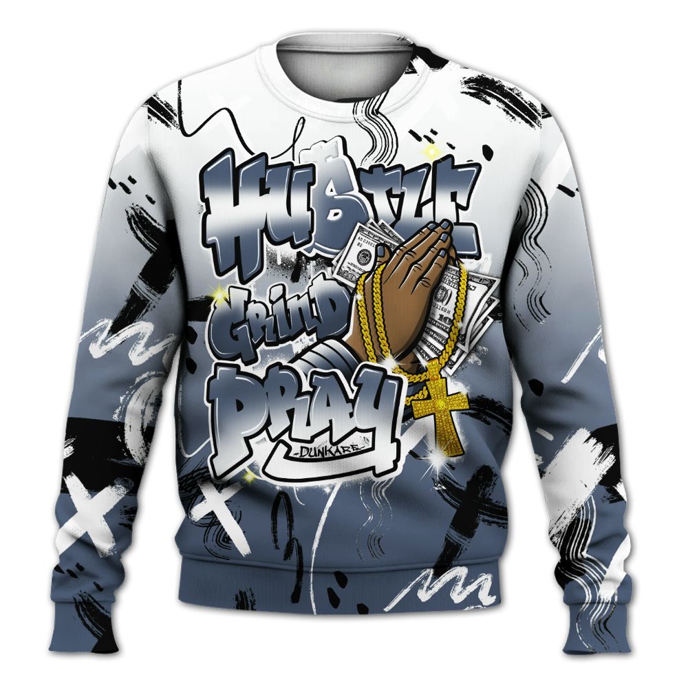 Sweatshirt To Match Low Diffused Blue 11s - Money Hustle Grind Pray All Over Print