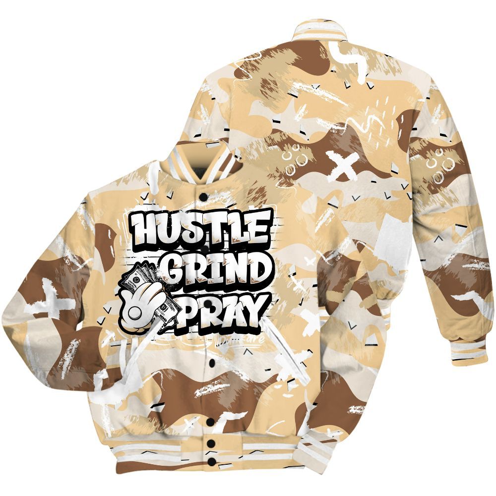 Varsity Jacket To Match Desert Camo 3s - Hustle Grind Pray Retro All Over Print
