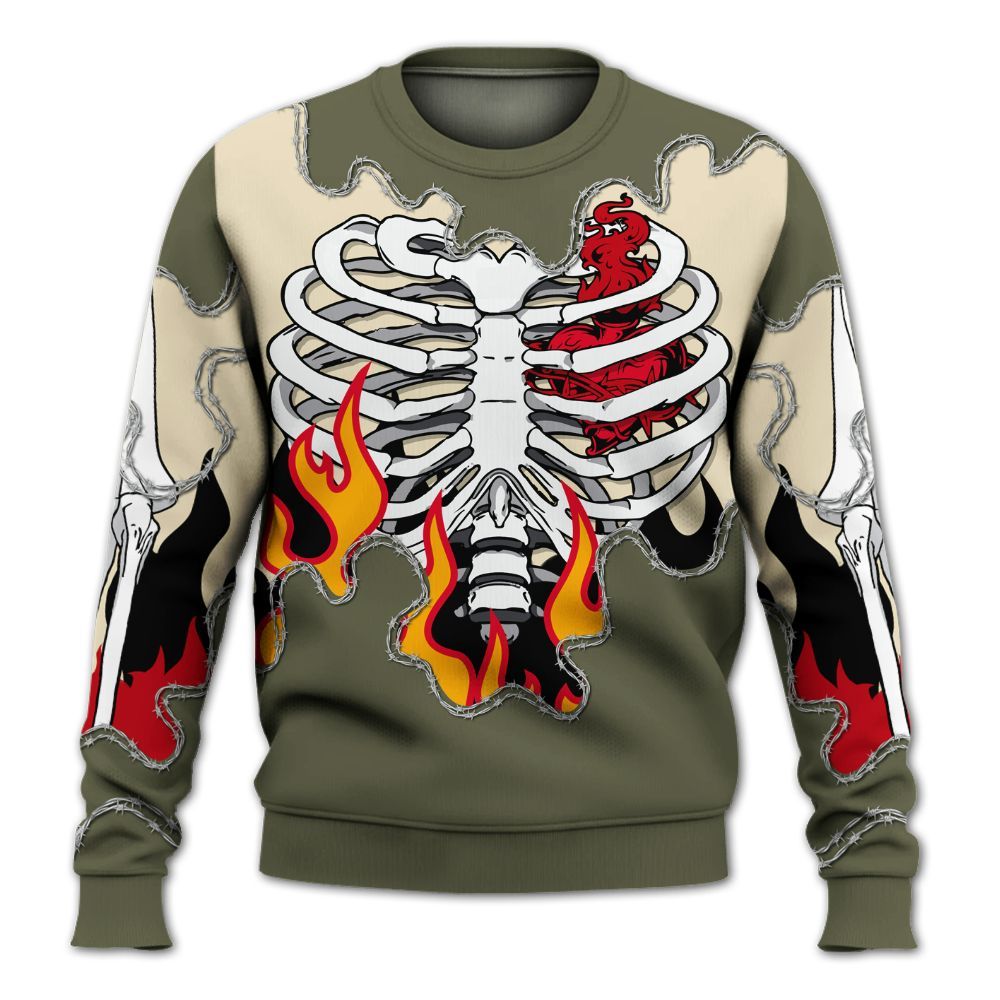 Sweatshirt To Match Travis Scott Low OG Medium Olive 1s - Skeleton Heart On Fire All Over Print