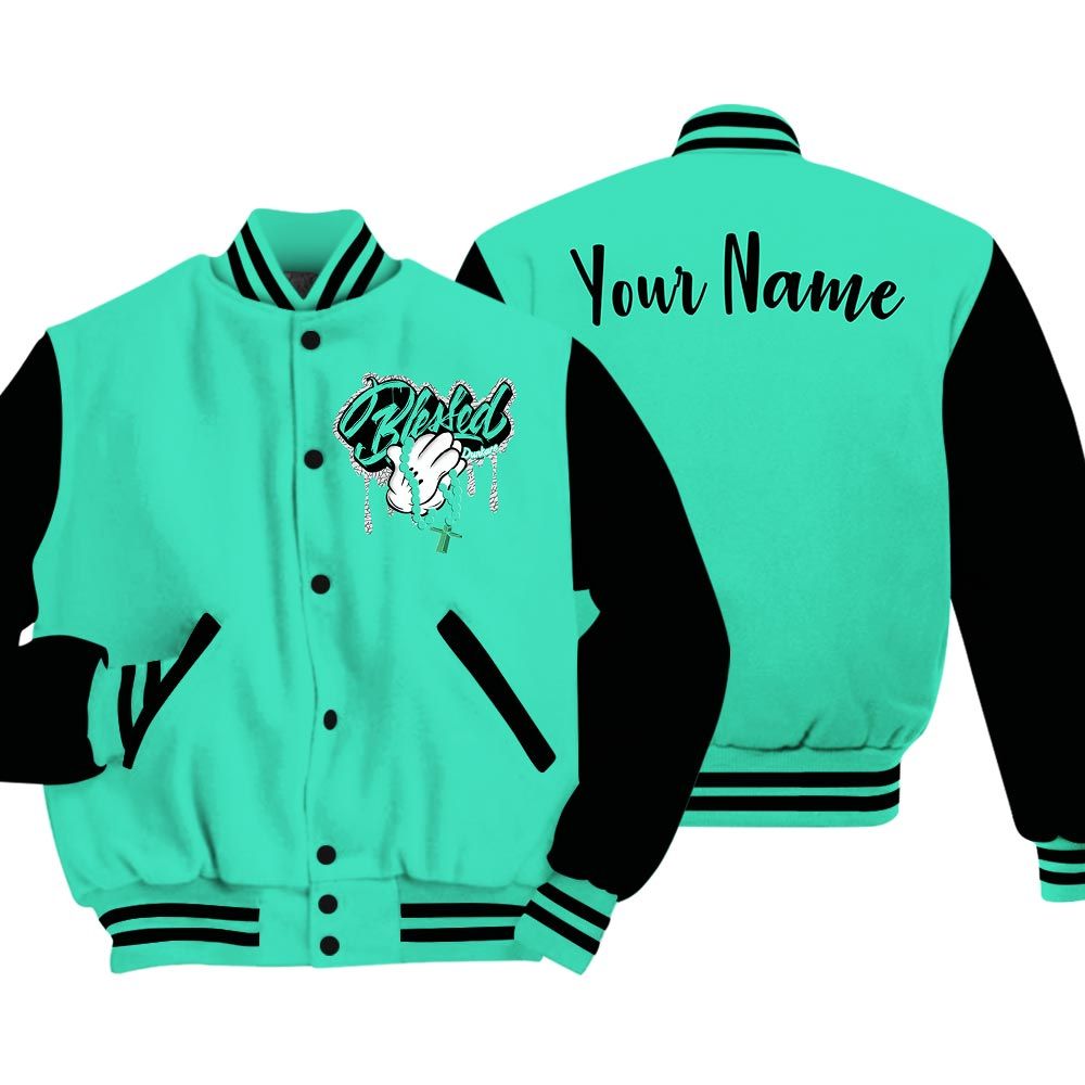 Varsity Jacket To Match Varsity Streetwear Custom Name God Blessed Drip, 3 Green Glow T-Shirt, Sneaker Black Green Glow 3s Baseball Varsity Jacket 1704 NCT