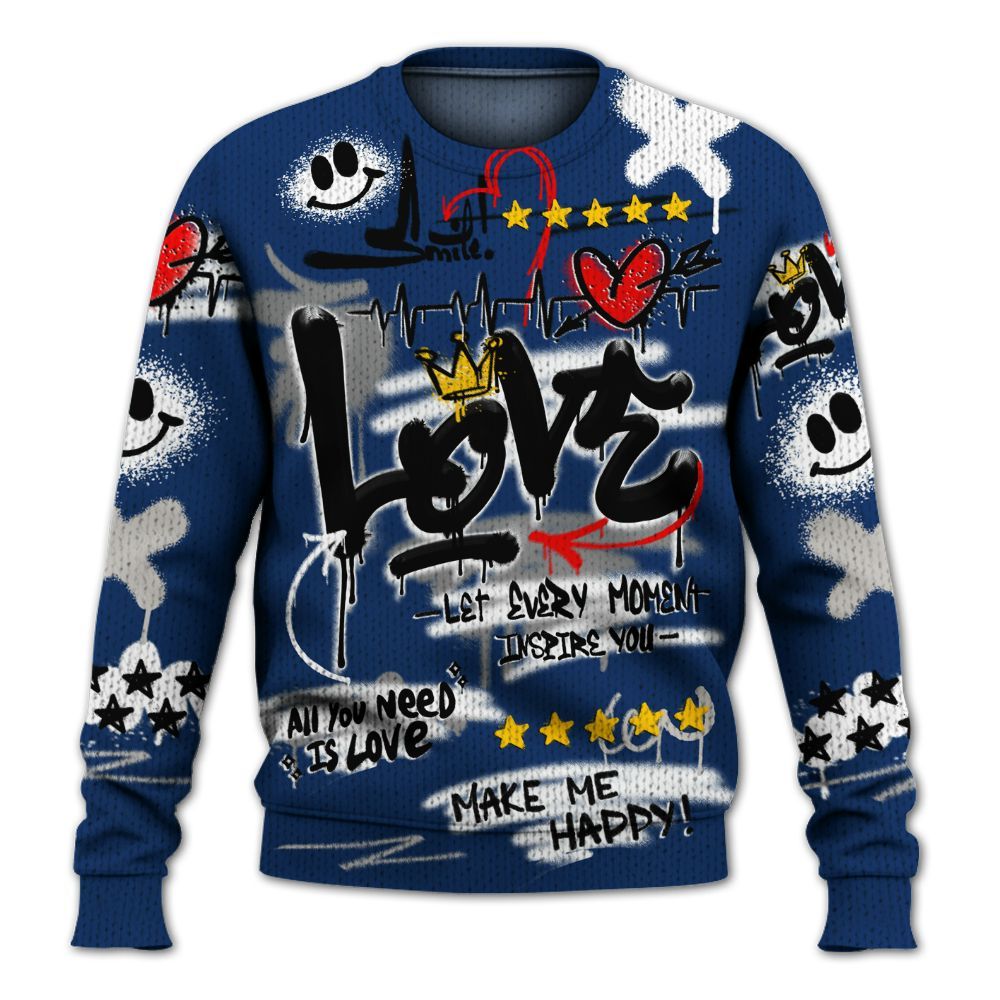 Knitted Sweater To Match High OG Deep Royal Blue 1s - Happy Love Beats Graffiti Streetwear