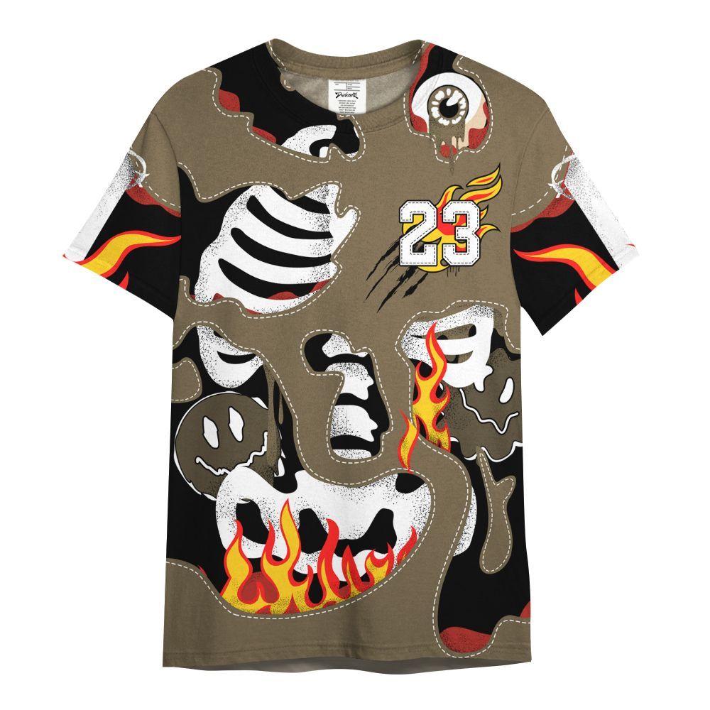 Shirt To Match Olive 9s - Skeleton Smile Flame Drip All Over Print