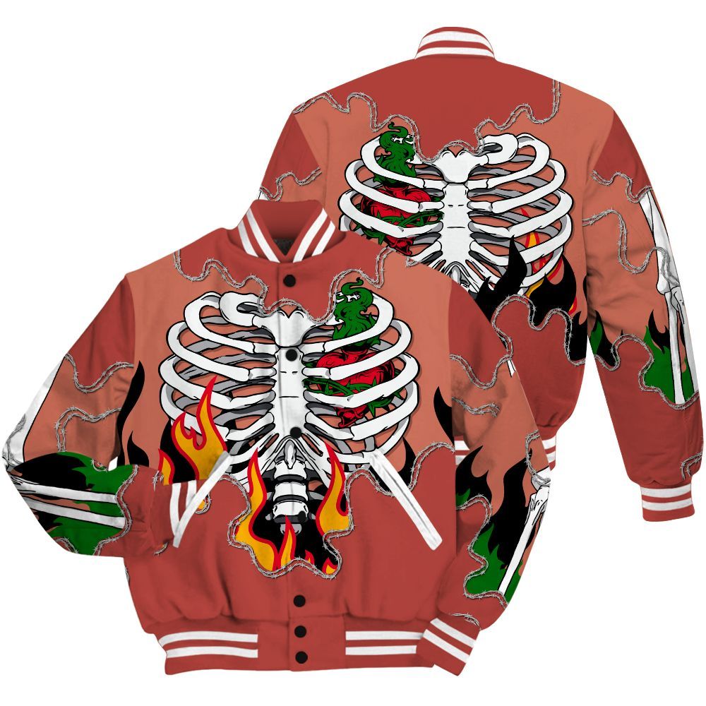Varsity Jacket To Match Dune Red 13s Shirt, Skeleton Heart On Fire All Over Print