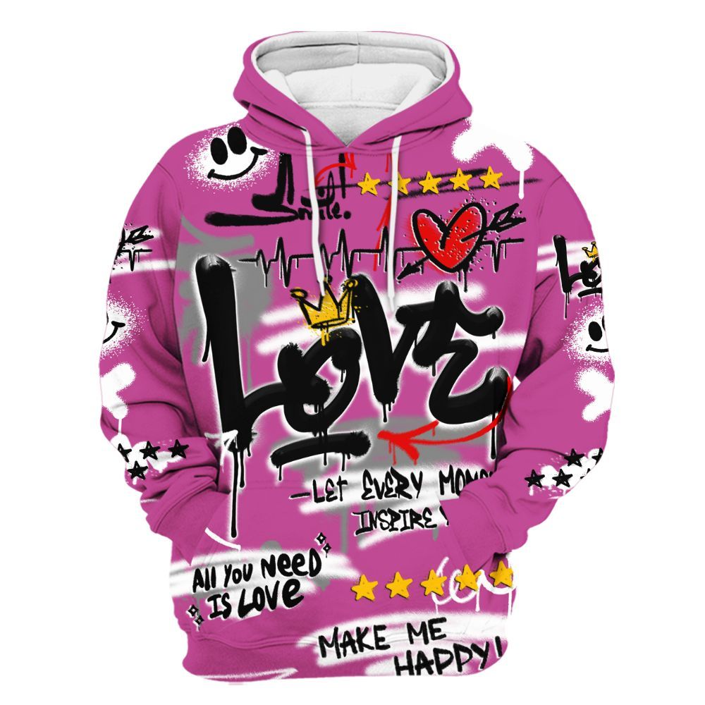 Hoodie To Match Dunk Low Active Fuchsia - Happy Love Beats Graffiti Streetwear All Over Print