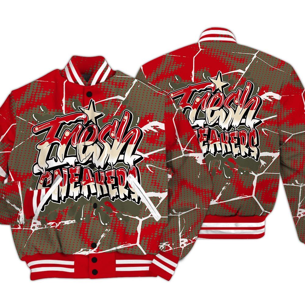 Varsity Jacket To Match Low OG Medium Olive 1s - Fresh Shoe White Graphic Crack Varsity Jacket Unisex