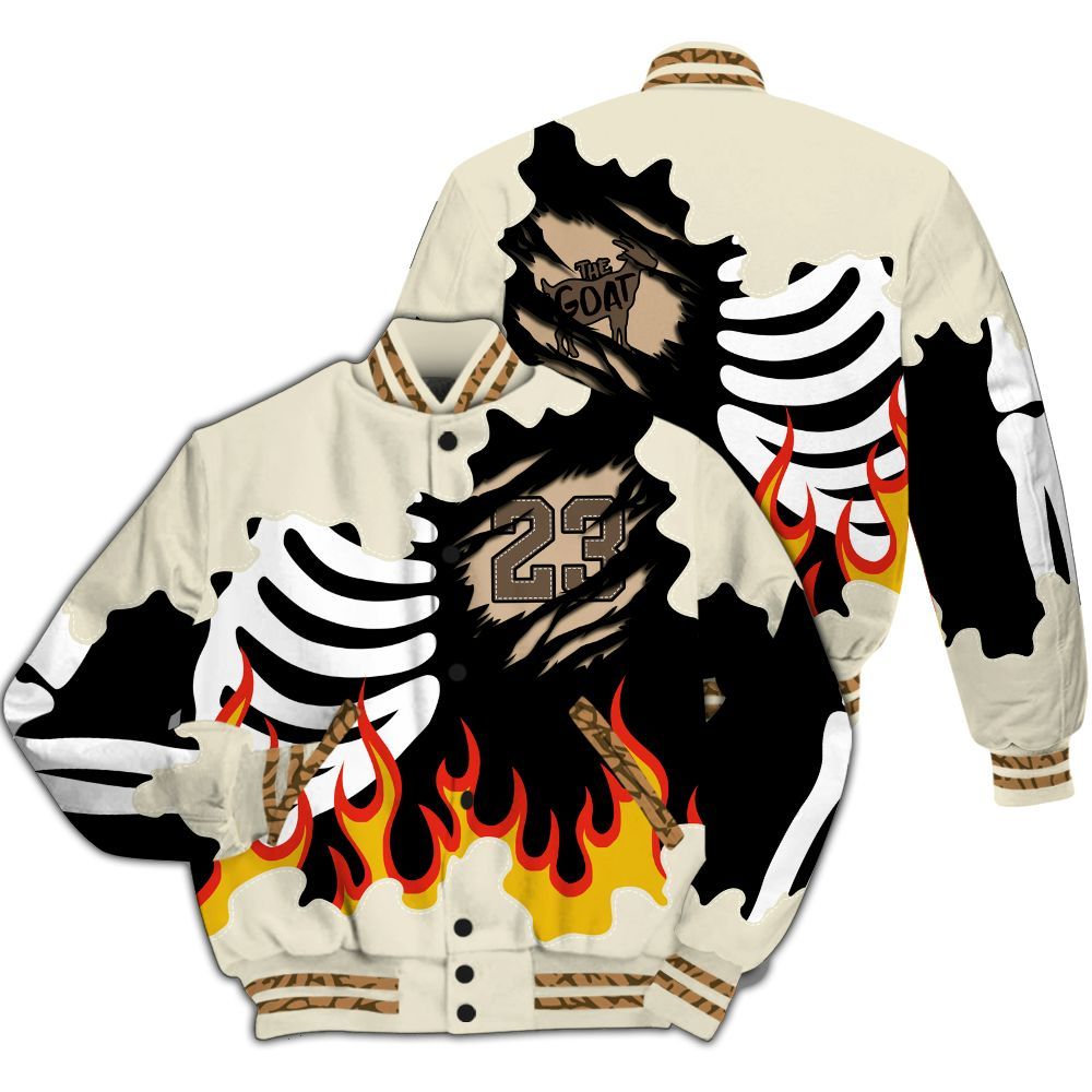Varsity Jacket To Match Orewood Brown 3s - Burning Skeleton 23 G.O.A.T All Over Print