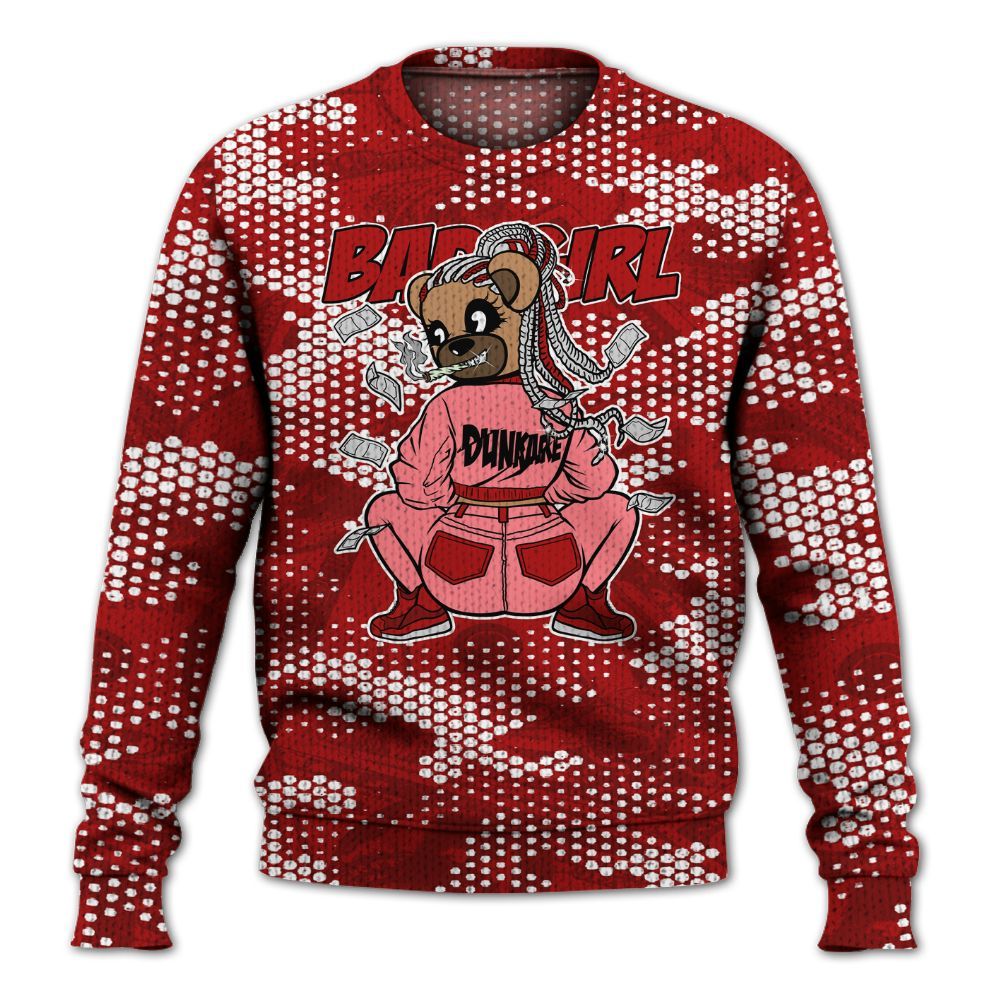 Knitted Sweater To Match Red Taxi 12s - Rebellious Girl Bear Banknotes Art