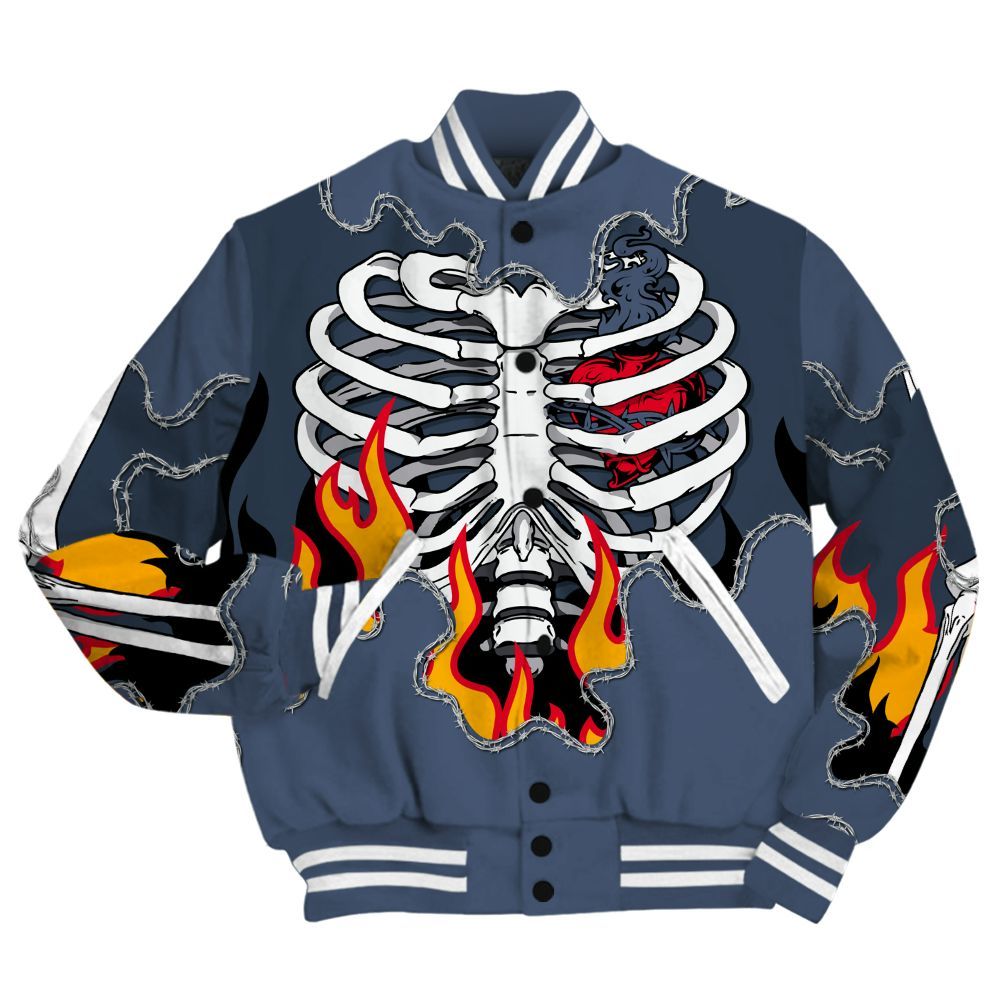 Varsity Jacket To Match Low Diffused Blue 11s Shirt, Skeleton Heart On Fire All Over Print