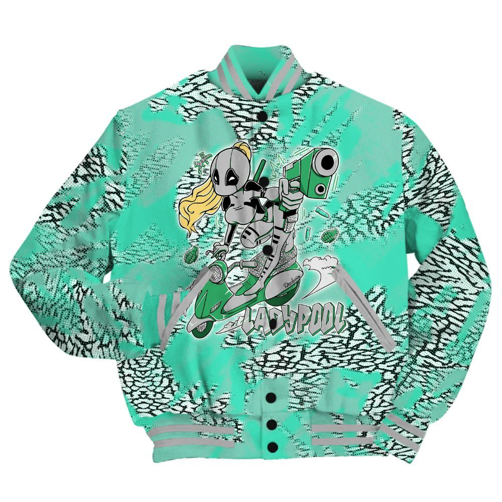 Varsity Jacket To Match Black Green Glow 3s Shirt - Lady Pool Cartoon Abstract Halftone All Over Print