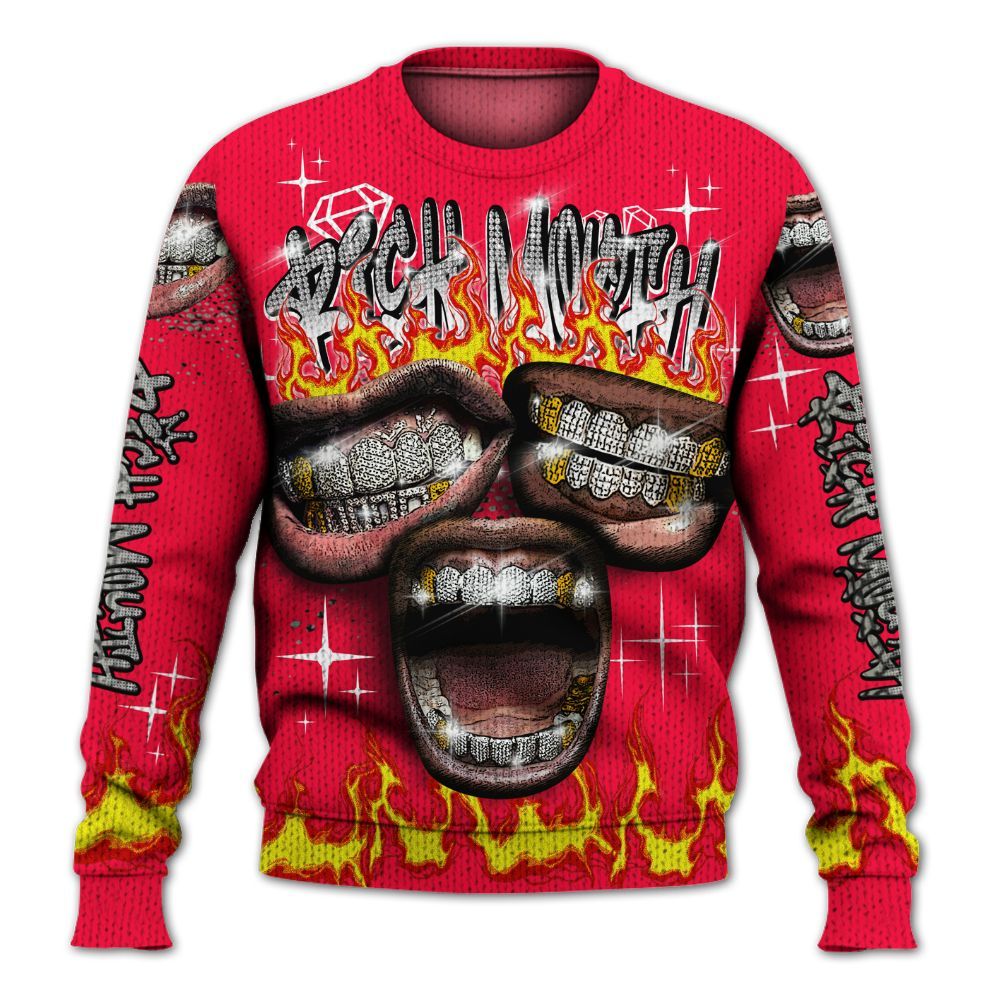 Knitted Sweater To Match Retro Fire Red 3s - Rich Mouth Fire Rap Retro 90s