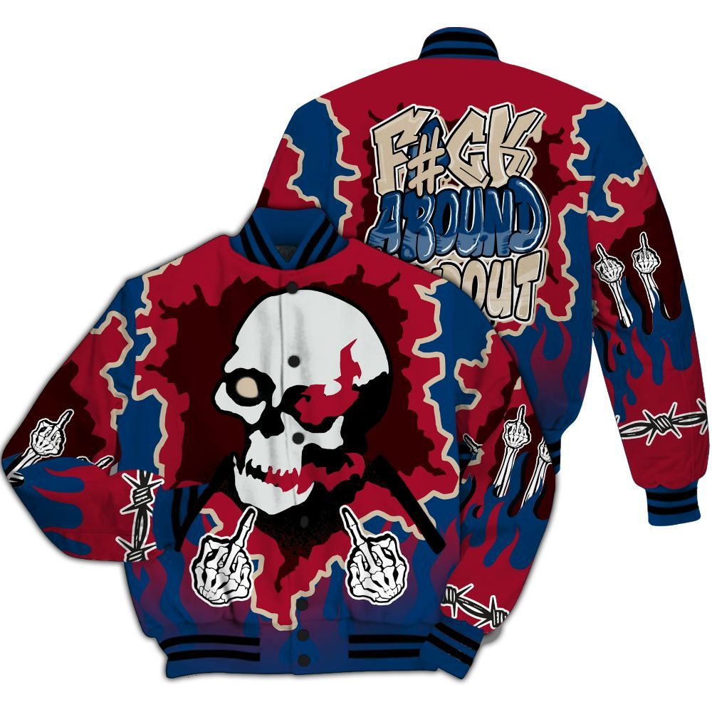 Varsity Jacket To Match Rare Air 4s - F Around Find Out Graphic Trapped All Over Print