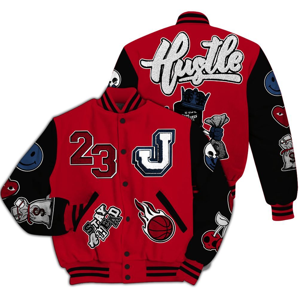 Varsity Jacket To Match Air Griffey Max Black Red Navy Blue 1s - Hustles Money Number 23 All Over Print